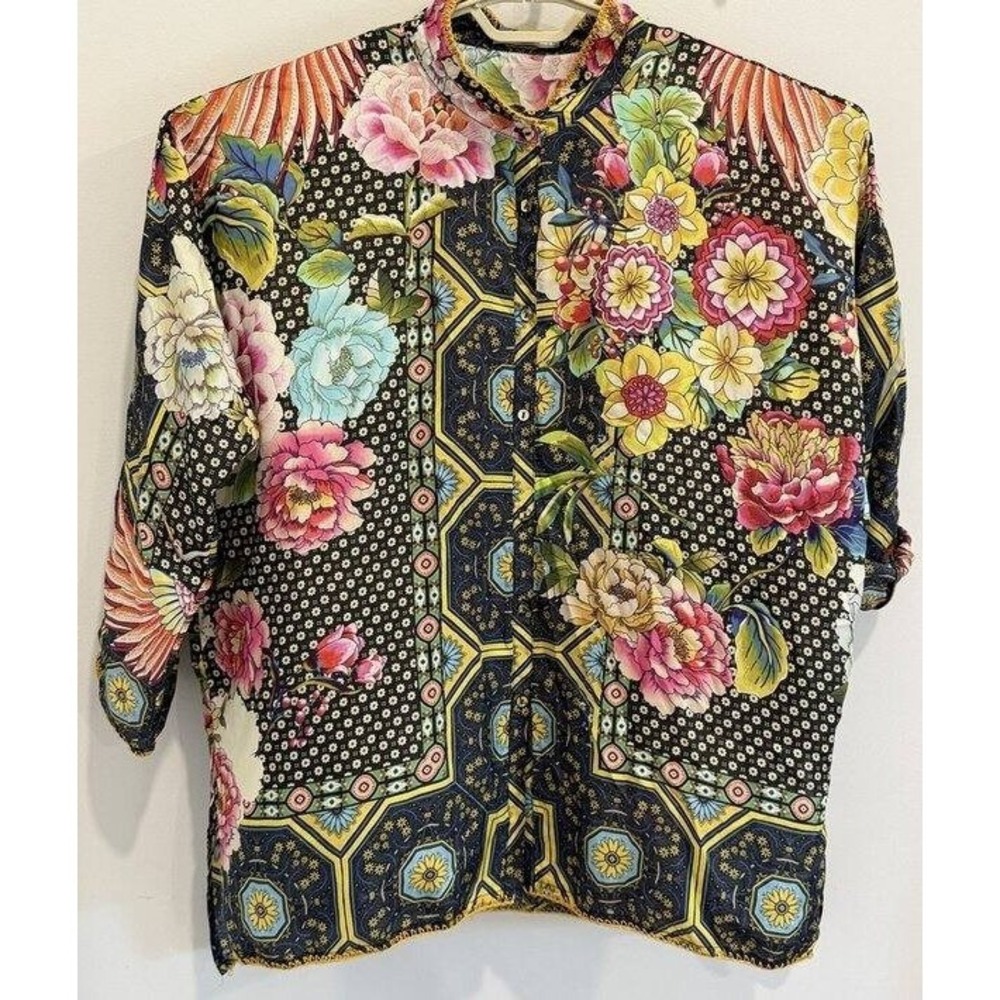 Johnny‎ Was Fagan Josie Button Down 100% Silk Tunic Shirt Long Sleeve Boho M